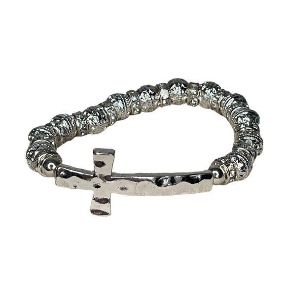 Silver Tone And Rhinestone Beaded Cross Bracelet Stretch Bracelet - Picture 1 of 8